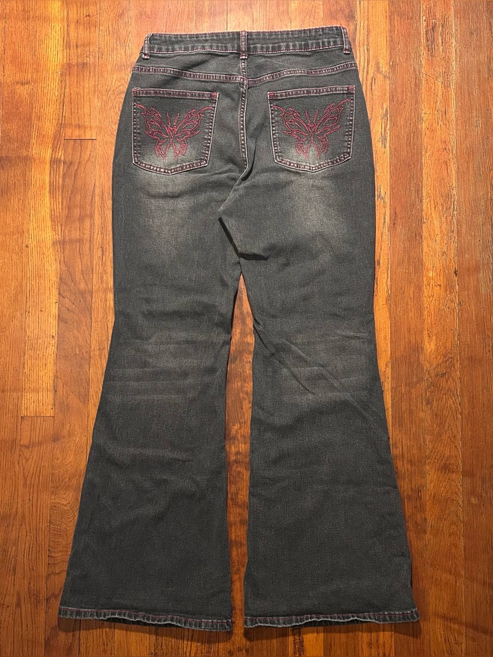 Vintage Y2K ROMWE Flare Bell Bottom Rave Embroidered Black Red Denim Jeans  L 27